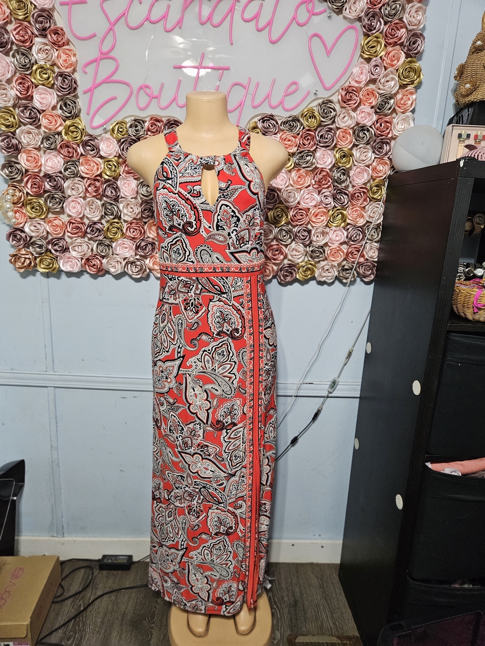 INC International Concepts Red Paisley Halter Maxi Dress with Keyhole